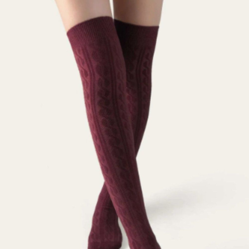 NWT, Knit Thigh High Burgandy Socks